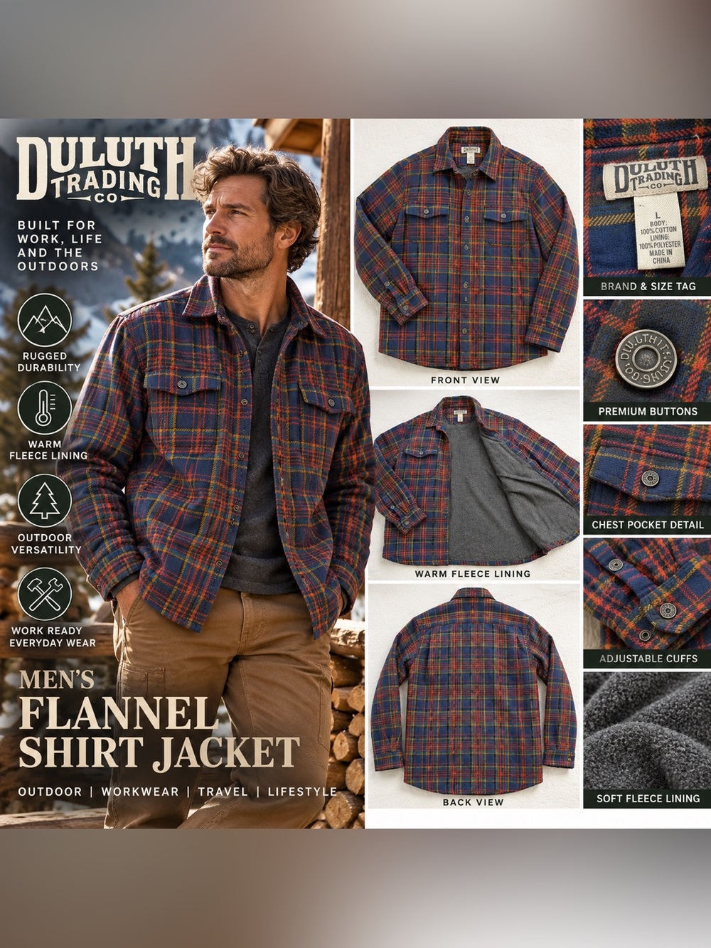 Duluth Trading Flannel Shirt Jacket Plaid Shirt Jacket in Blue & Orange Large